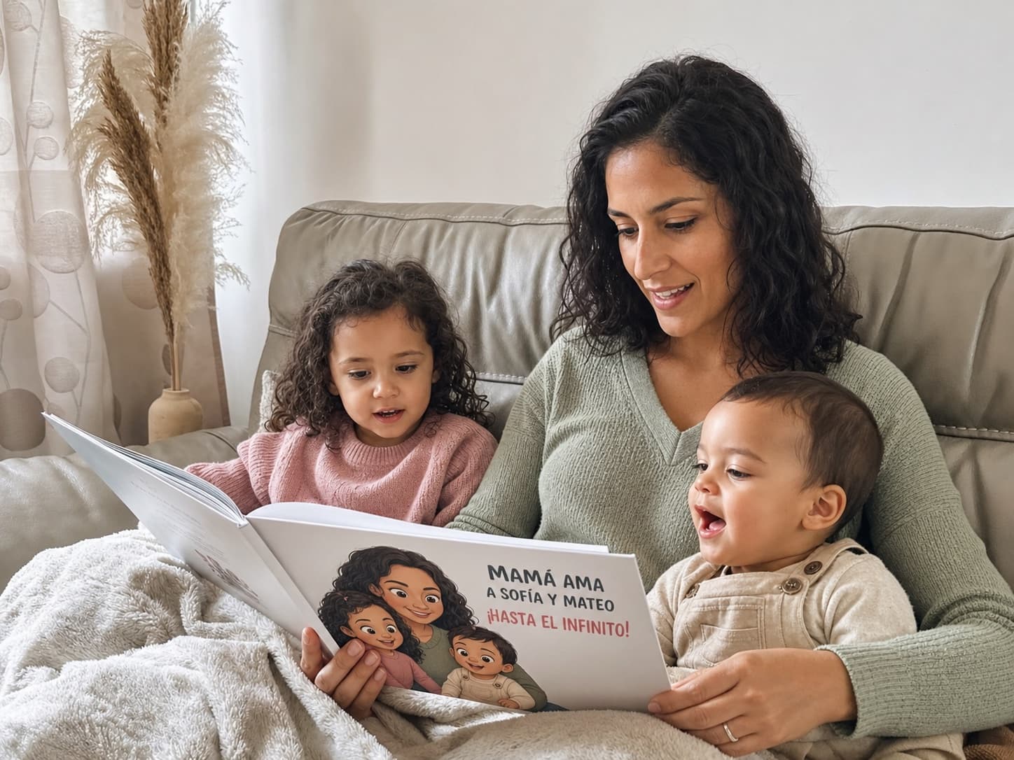 Mamá leyendo junto a Sofía y Mateo su libro personalizado