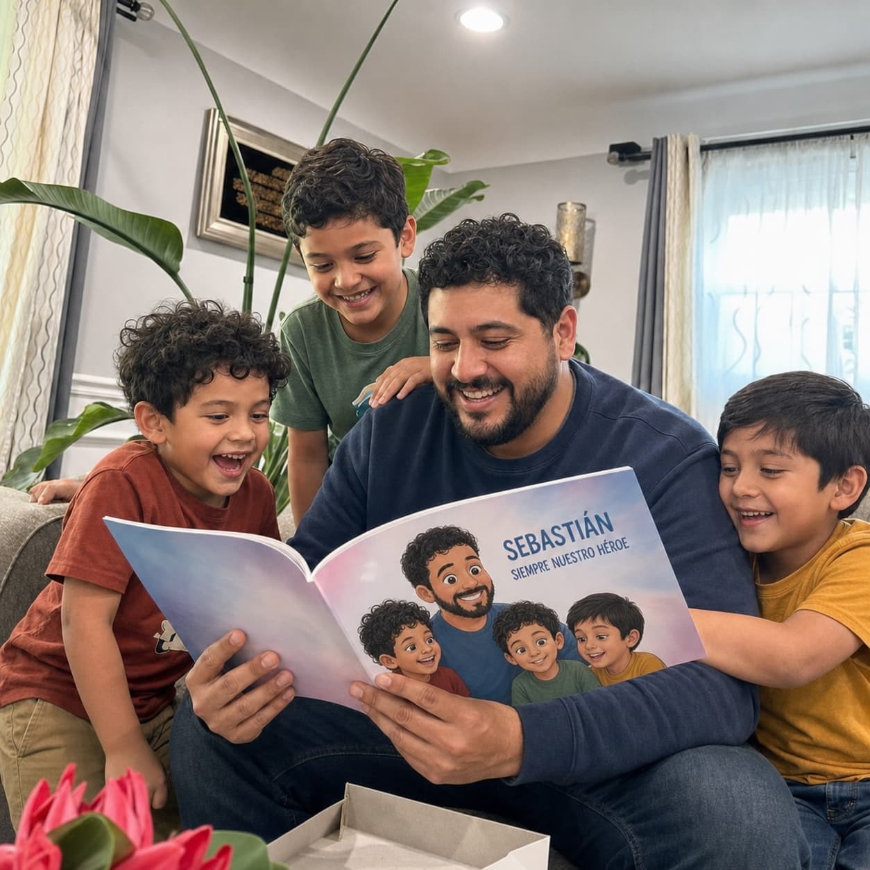 Sebastián sonríe con un libro donde él es el protagonista