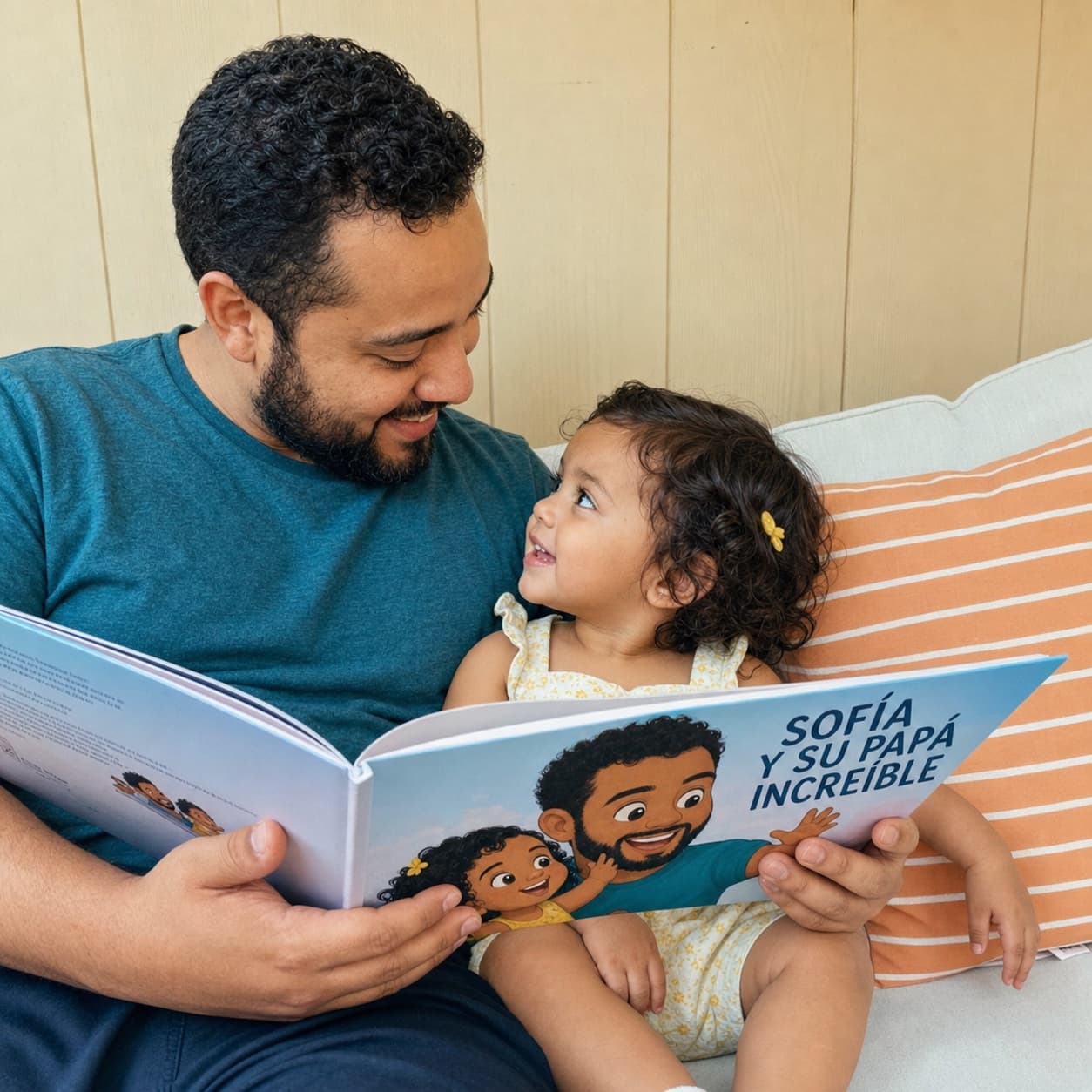 Sofía y su papá se miran mientras leen su cuento personalizado